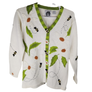 Storybook Knits Vintage Bee Daisy Garden Flower Knit Sweater Cardigan Small